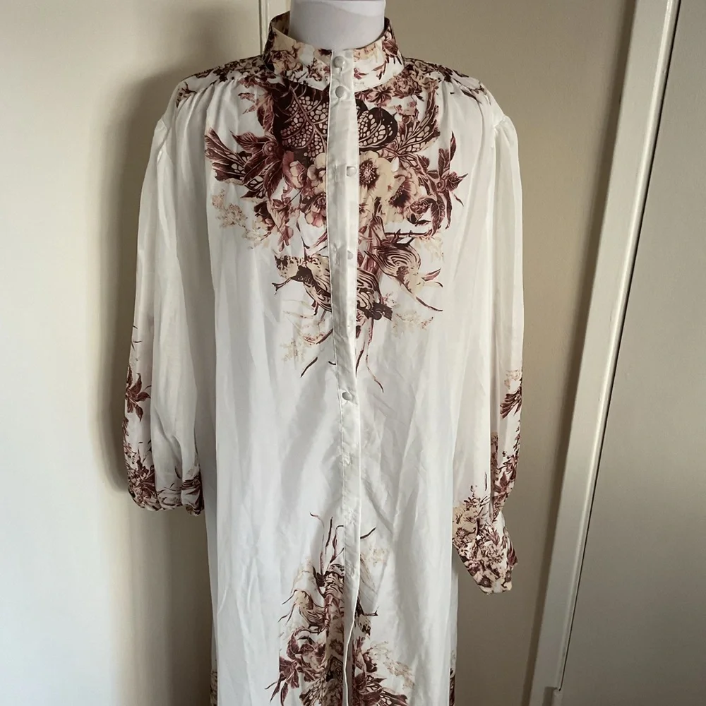 Itoo Italy Floral Maxi Shirt Dress Sheer Long Sleeve Belted Size Large - Picture 6 of 11